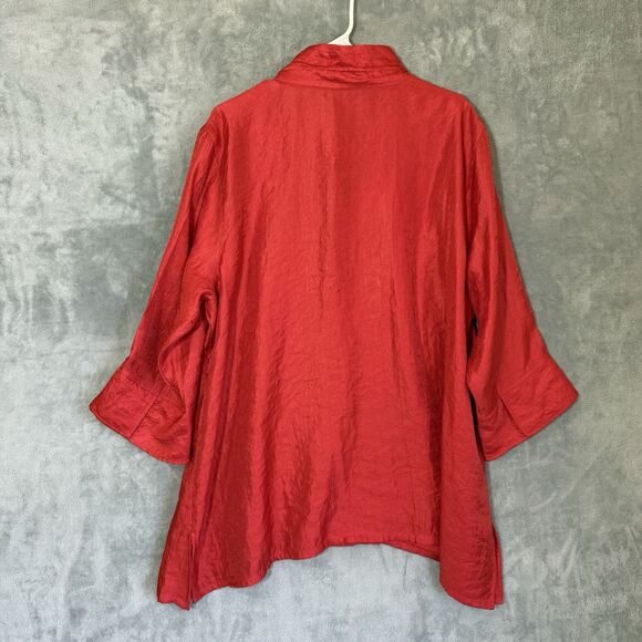 Ali Miles Artsy Tunic 2X Buttons Top Red 3/4 Sleeve Sateen Lagenlook Wire Collar - Picture 3 of 7